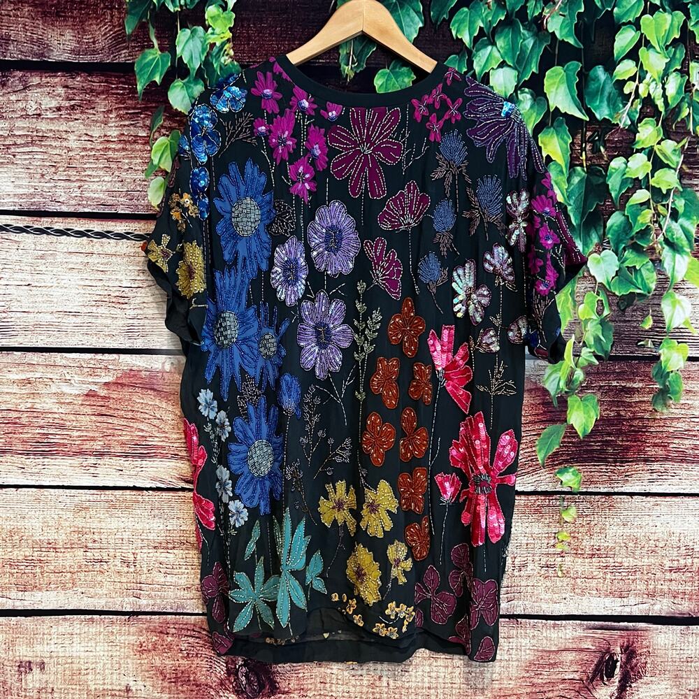 Free People Jewel Mini Dress XS Oversized Twilight Combo Hand Beaded Black NWOT - Picture 3 of 8
